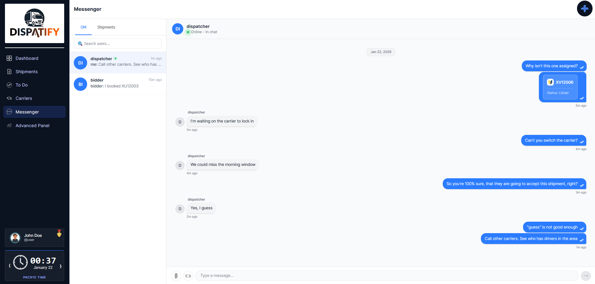Dispatify messenger interface
