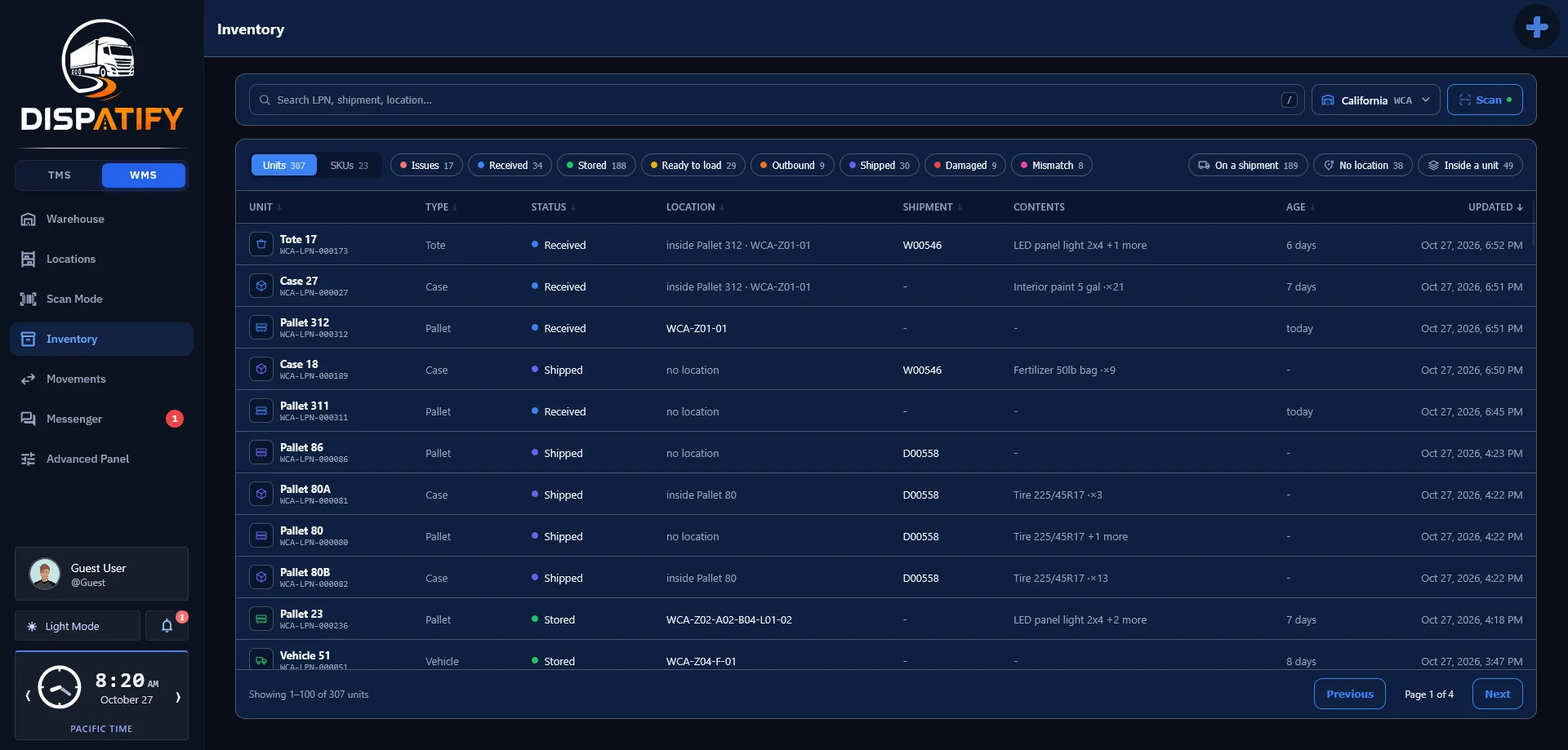 Dispatify warehouse inventory