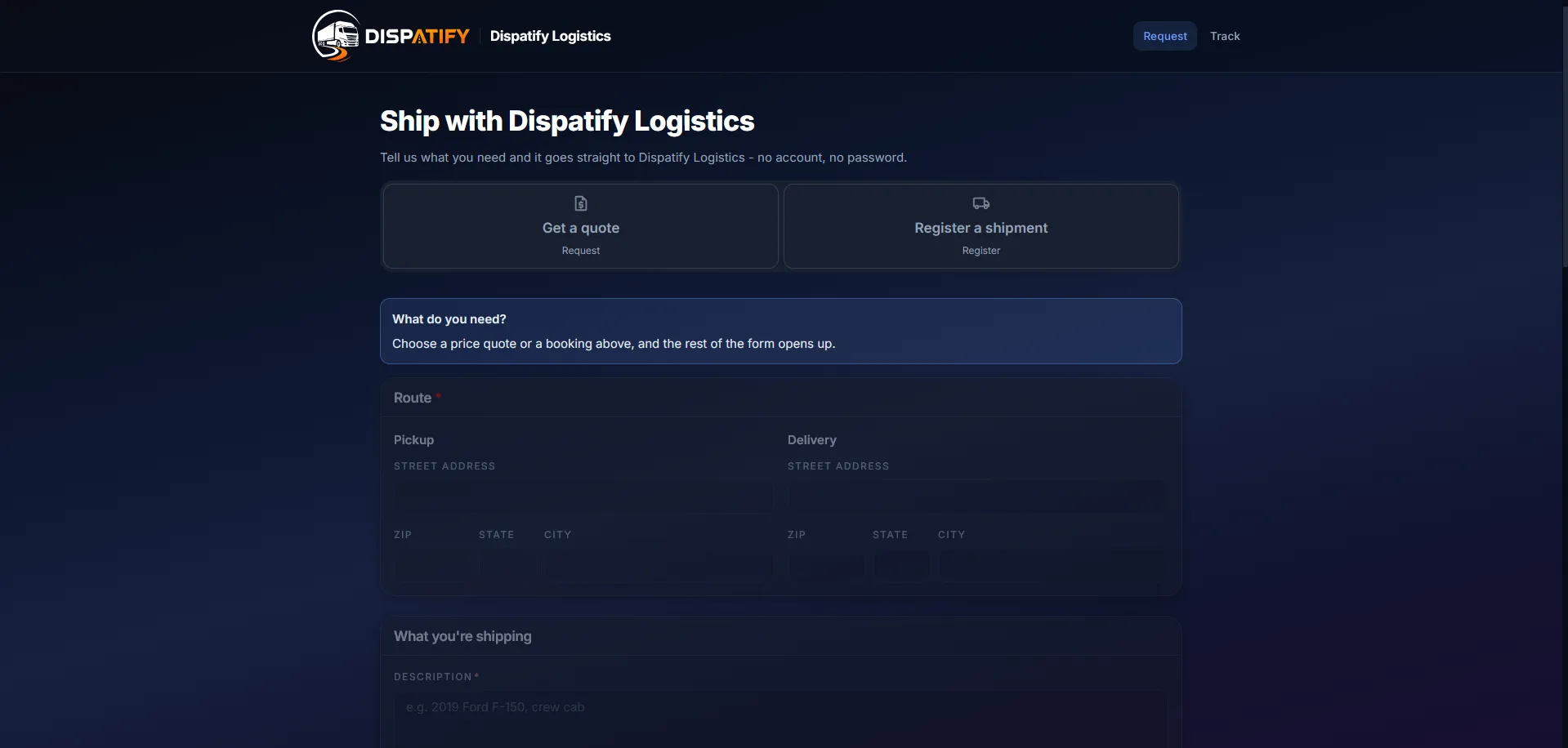 Dispatify client shipment registration
