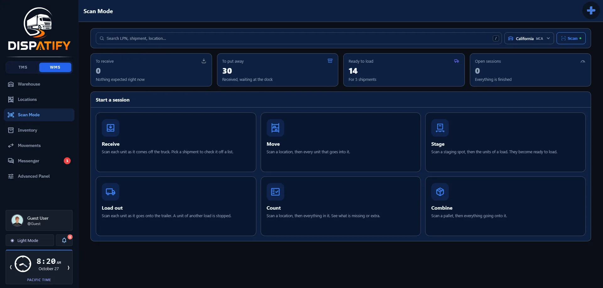 Dispatify warehouse scan mode