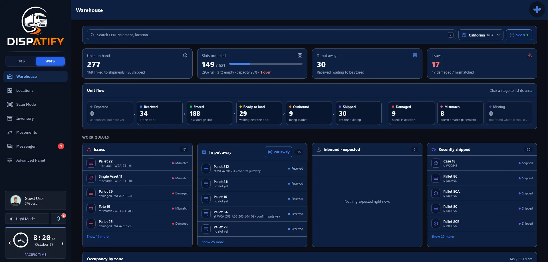 Dispatify warehouse overview