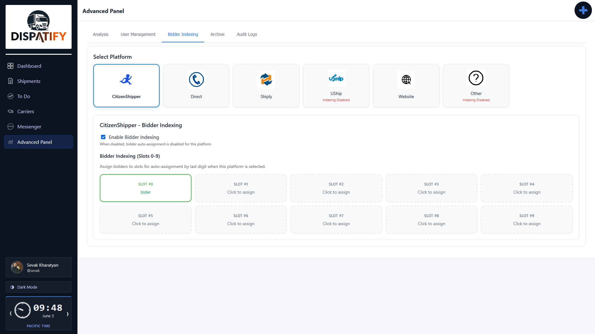 Dispatify bidder indexing