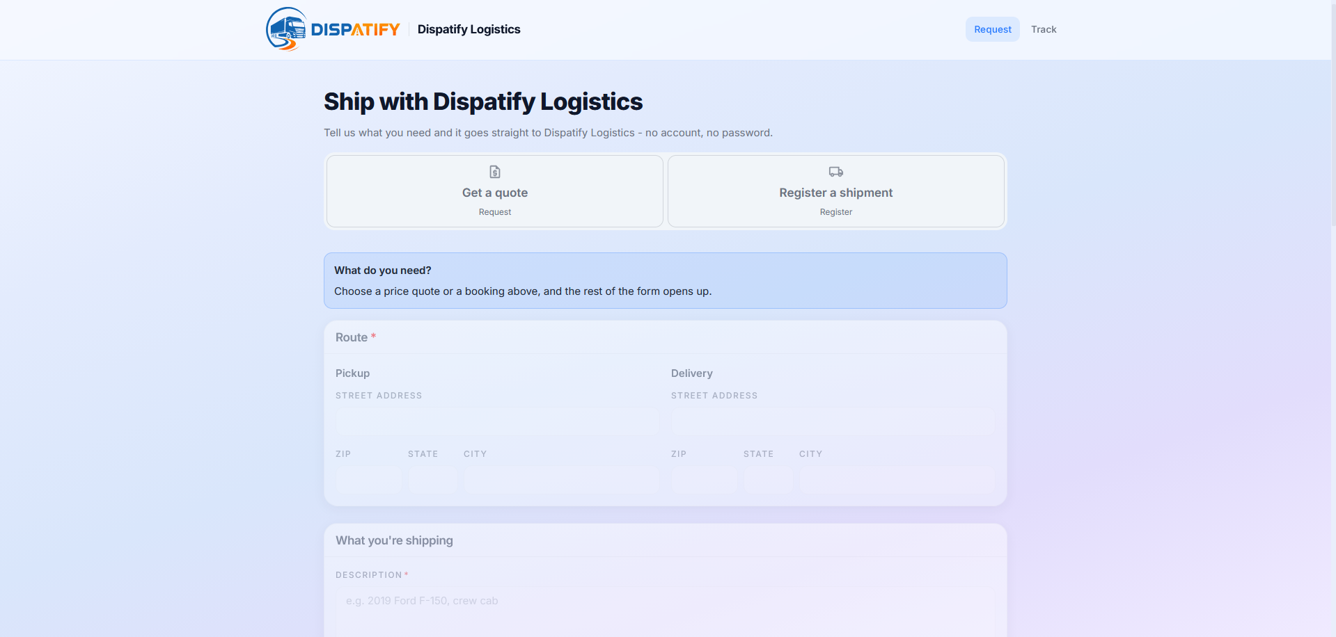 Dispatify client shipment registration