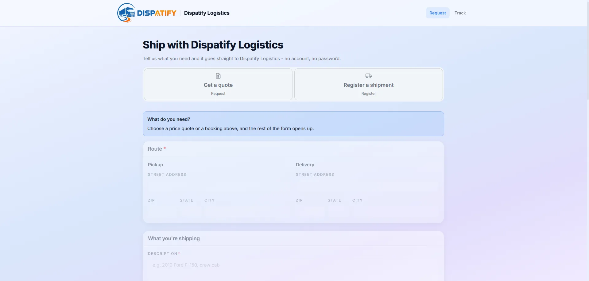 Dispatify client shipment registration