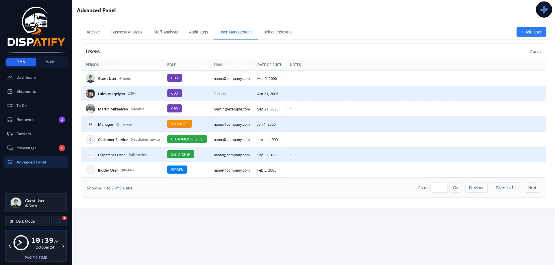 Dispatify user management