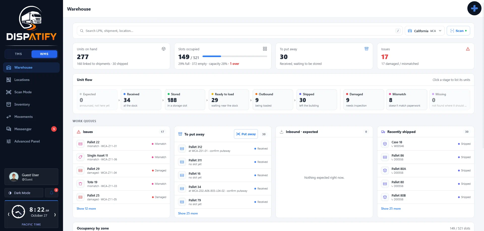 Dispatify warehouse overview